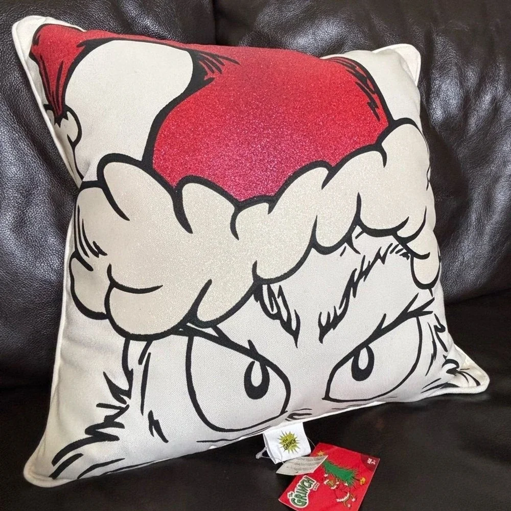 Dr. Seuss The Grinch Pillow with Red Glitter and White Santa Hat 16